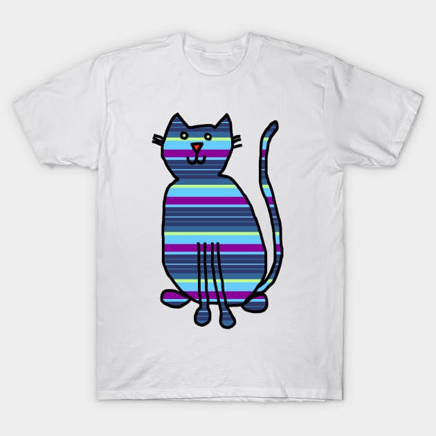 Cat Blue Stripes T-Shirt by ellenhenryart